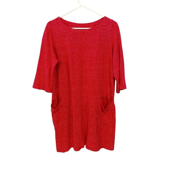 Eileen Fisher Coral Red Dress Size PM Front Pockets 100% Organic Linen‎  Striped - Picture 1 of 6